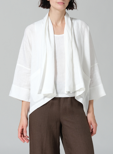 Linen Shawl Collar Open Front Cropped Jacket