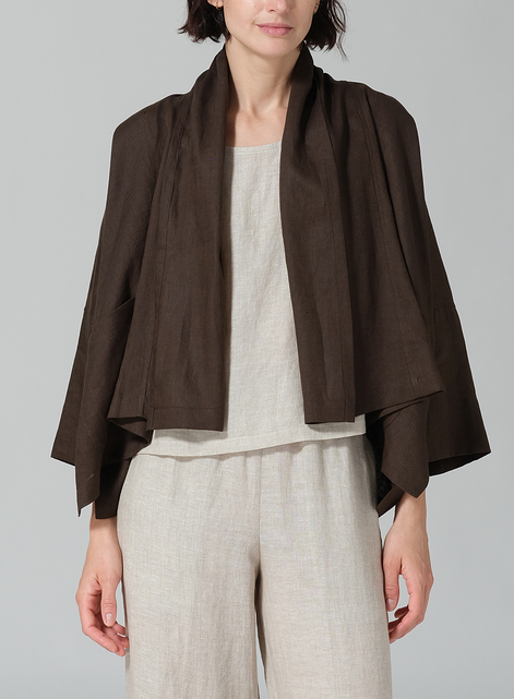 Linen Shawl Collar Open Front Cropped Jacket