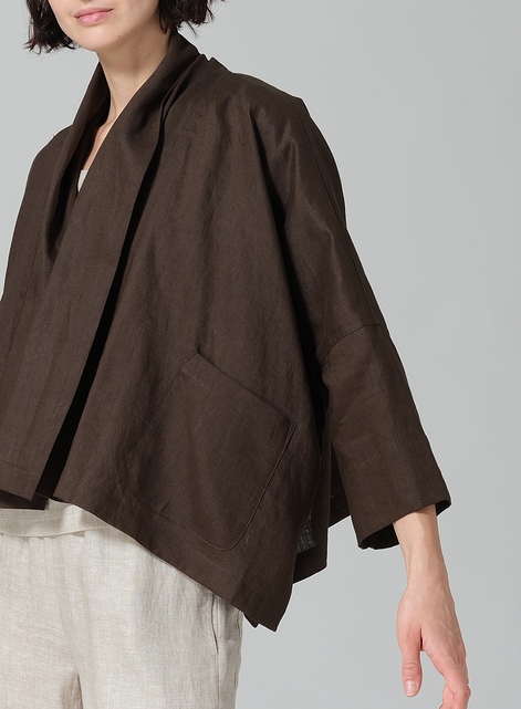 Linen Shawl Collar Open Front Cropped Jacket