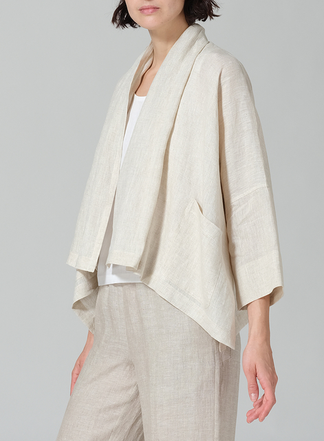 Linen Shawl Collar Open Front Cropped Jacket