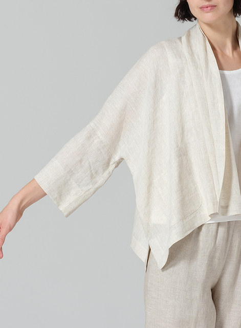 Linen Shawl Collar Open Front Cropped Jacket