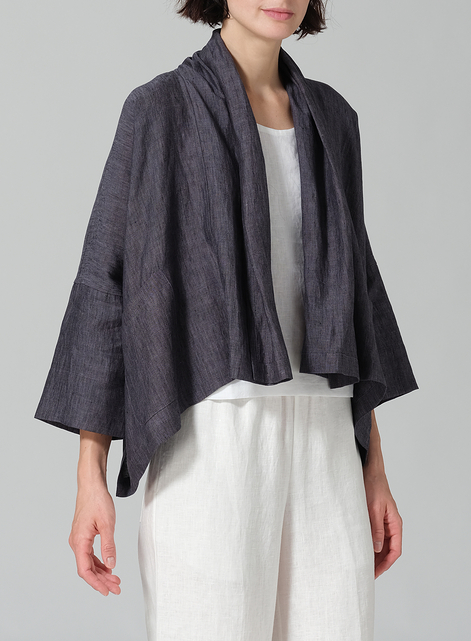 Linen Shawl Collar Open Front Cropped Jacket