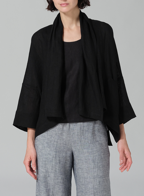 Linen Shawl Collar Open Front Cropped Jacket