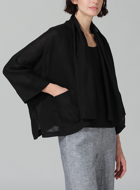 Linen Shawl Collar Open Front Cropped Jacket