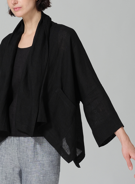 Linen Shawl Collar Open Front Cropped Jacket