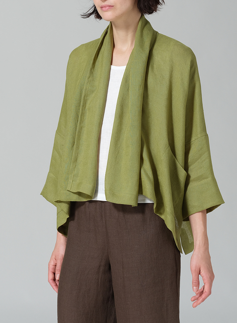 Silk Linen Shawl Collar Open Front Cropped Jacket