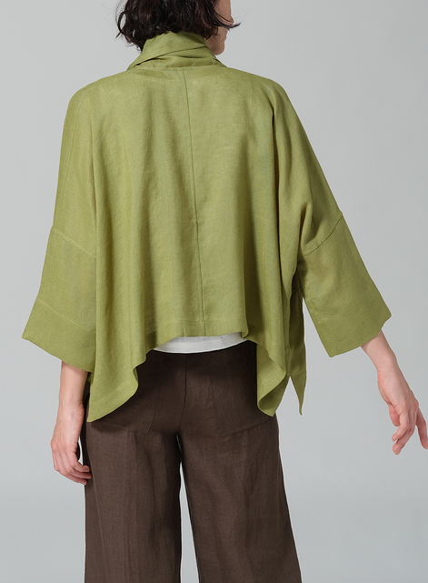 Silk Linen Shawl Collar Open Front Cropped Jacket