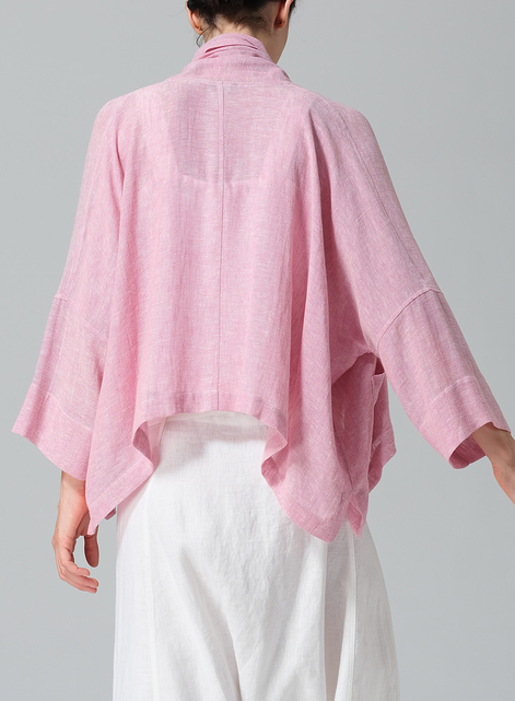 Gauze Linen Shawl Collar Open Front Cropped Jacket