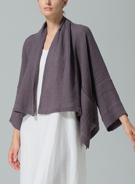 Gauze Linen Shawl Collar Open Front Cropped Jacket