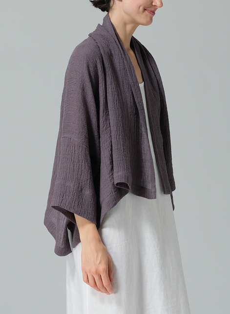 Gauze Linen Shawl Collar Open Front Cropped Jacket