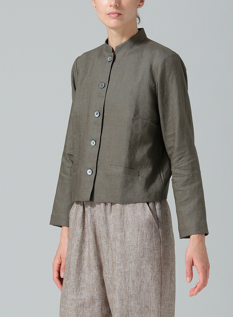 Linen Stand Collar Cropped Jacket