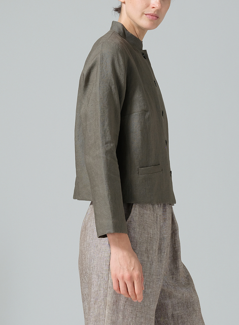 Linen Stand Collar Cropped Jacket