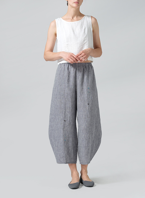 Linen Embroidered Cropped Pants