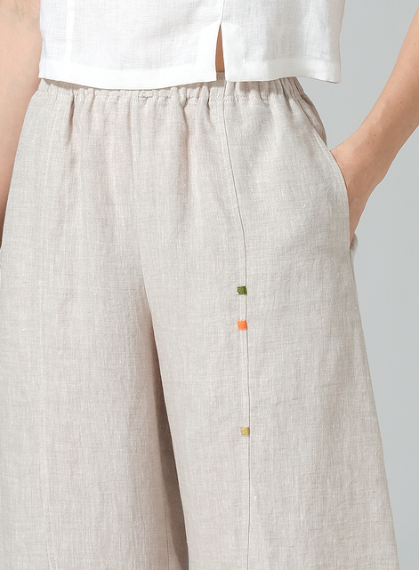 Linen Embroidered Cropped Pants