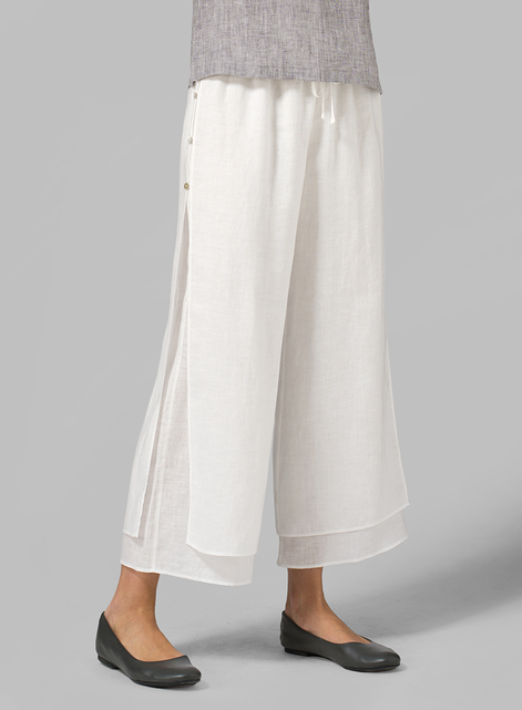 Linen Double-Layer Cropped Pants With Sea Shell Button