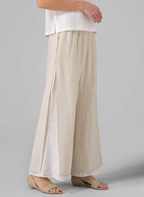 Linen Double Layer Pants With Sea Shell Button