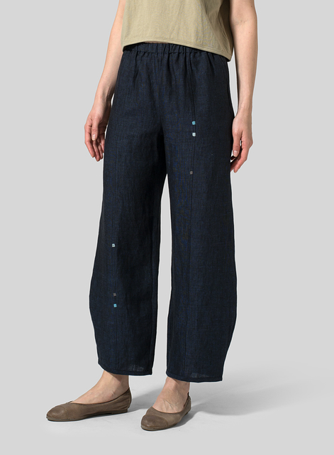 Linen Embroidered Ankle Length Pants