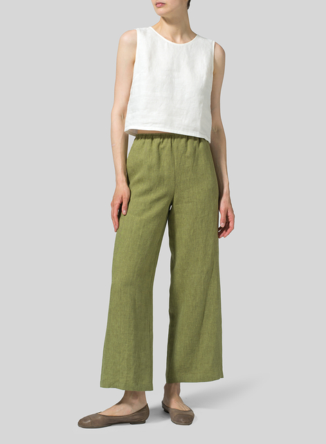 Linen Straight Leg Long Pull-On Pants