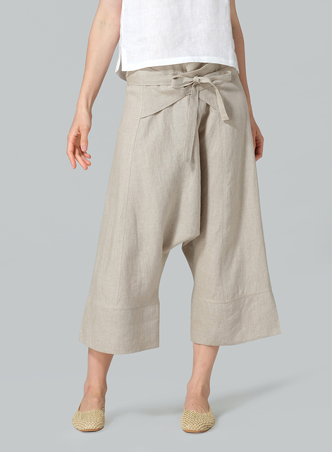 Linen Tie Waist Cropped Loose Pants