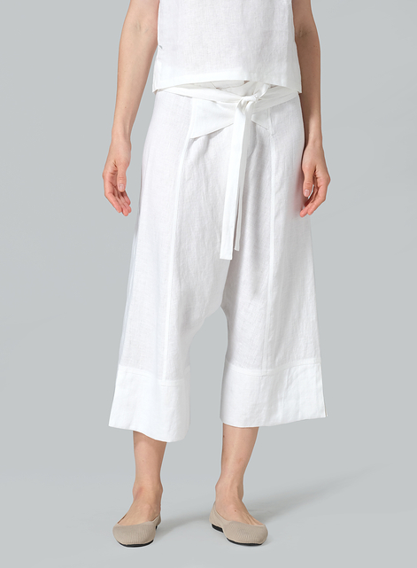 Linen Tie Waist Cropped Loose Pants