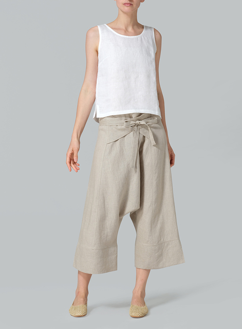 Linen Tie Waist Cropped Loose Pants