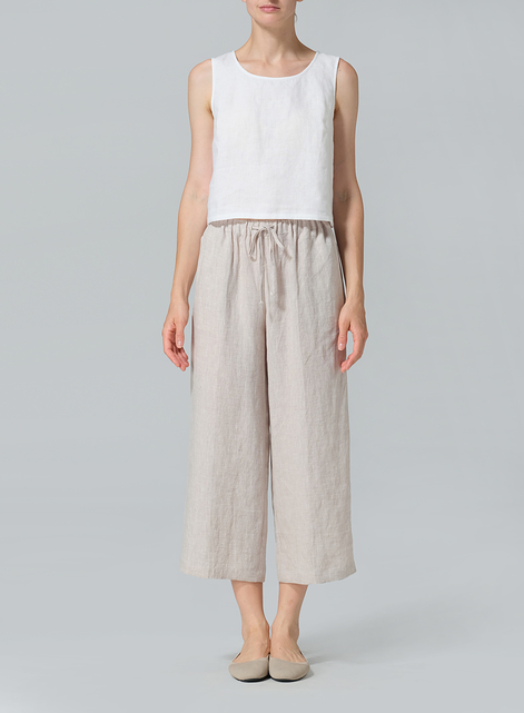 Linen Elastic Drawstring Straight Leg Pants