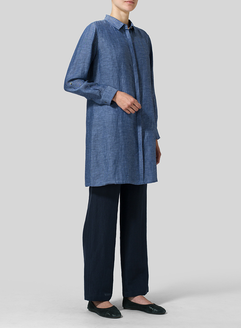 Linen Rolled Sleeve Long Top