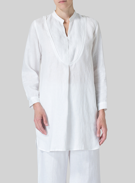 Linen Tuxedo Front Long Blouse