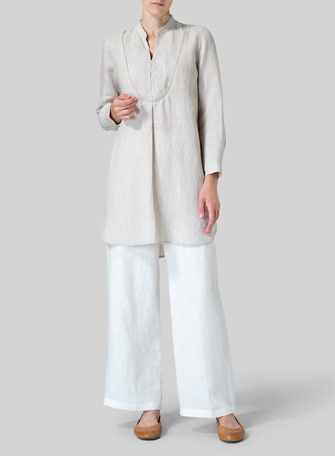 Linen Tuxedo Front Long Blouse