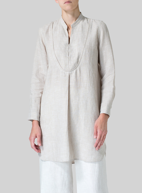 Linen Tuxedo Front Long Blouse