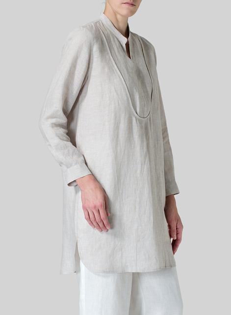 Linen Tuxedo Front Long Blouse