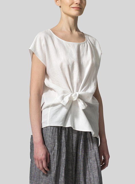 Linen Waist Self-tied Ribbon Top