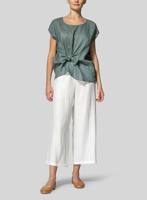 Linen Waist Self-tied Ribbon Top