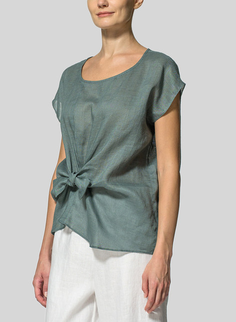 Linen Waist Self-tied Ribbon Top