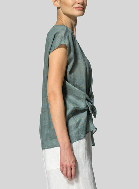 Linen Waist Self-tied Ribbon Top