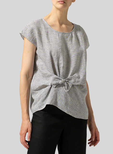 Linen Waist Self-tied Ribbon Top