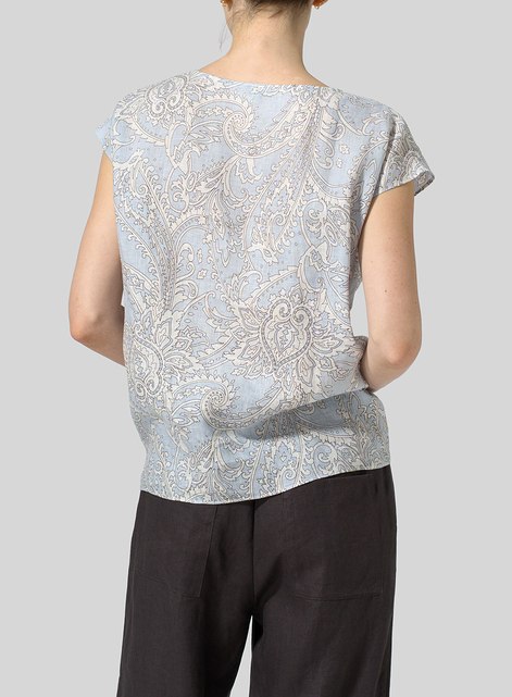 Linen Printed Waist Self-tied Ribbon Top