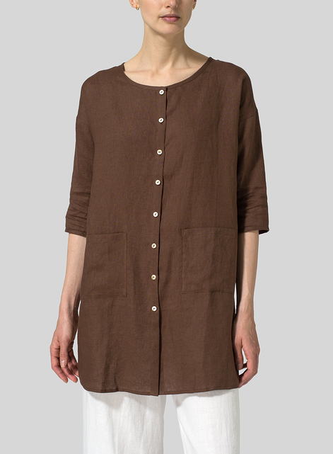 Linen Round Neck Button Front Top