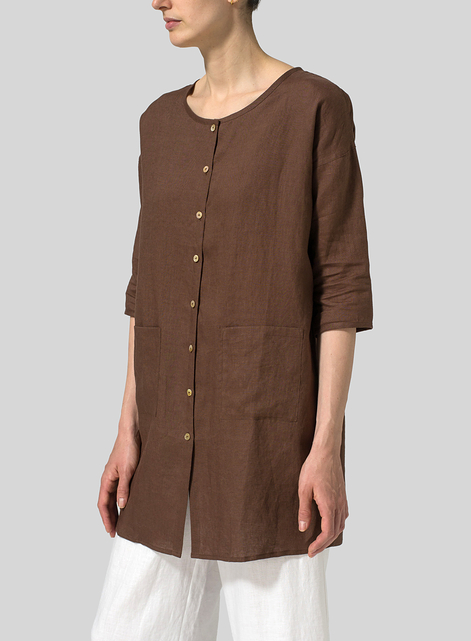 Linen Round Neck Button Front Top