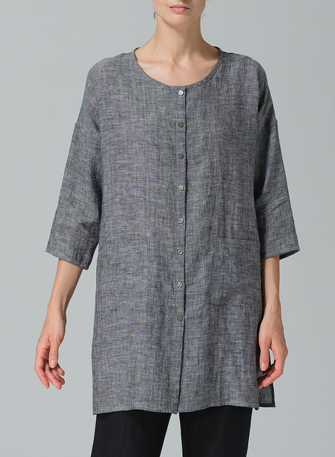 Linen Round Neck Button Front Top