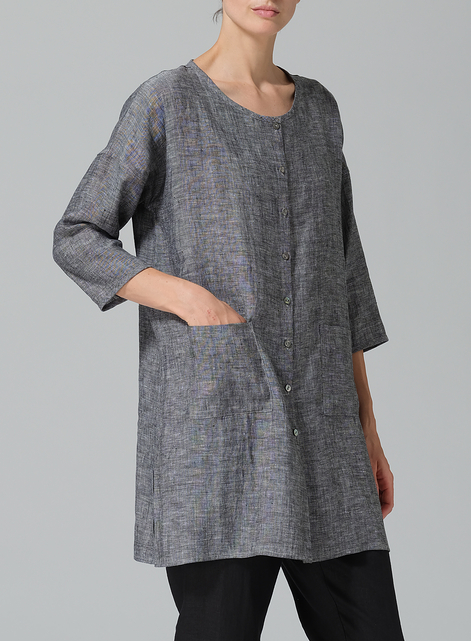 Linen Round Neck Button Front Top