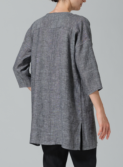 Linen Round Neck Button Front Top