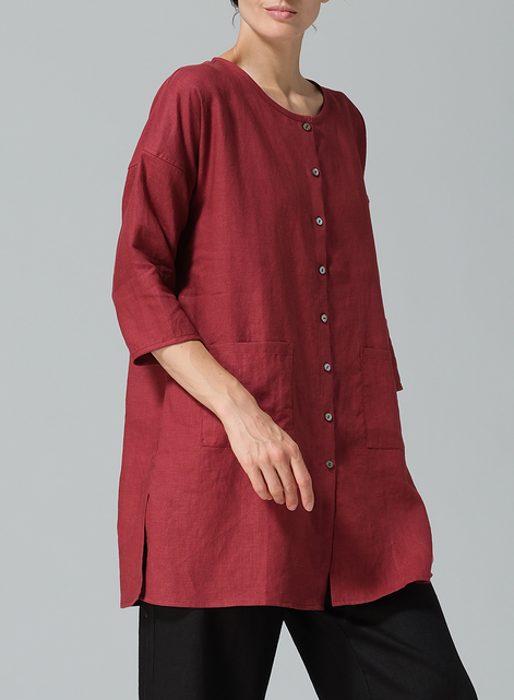 Linen Round Neck Button Front Top