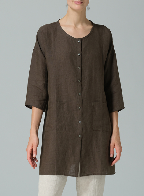 Linen Round Neck Button Front Top