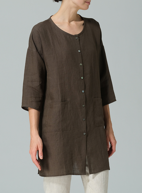 Linen Round Neck Button Front Top