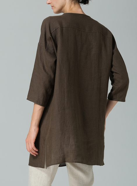 Linen Round Neck Button Front Top