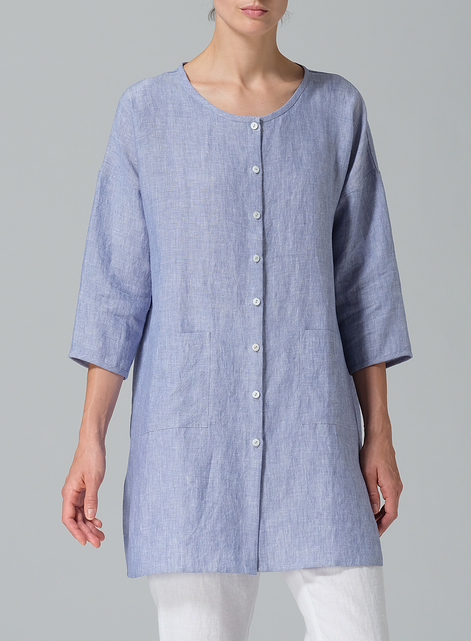 Linen Round Neck Button Front Top