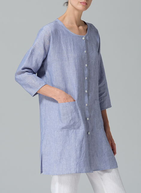 Linen Round Neck Button Front Top