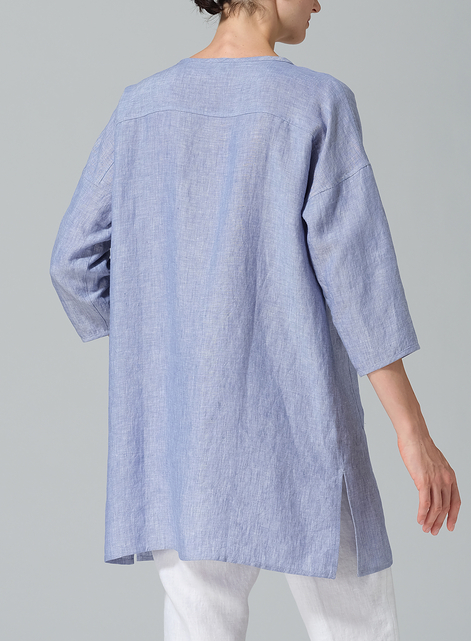 Linen Round Neck Button Front Top