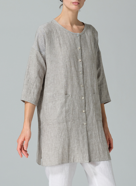 Linen Round Neck Button Front Top